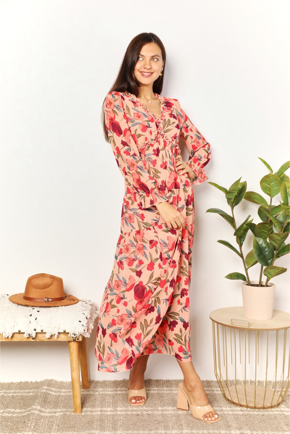 Floral Frill Trim Flounce Sleeve Maxi Dress