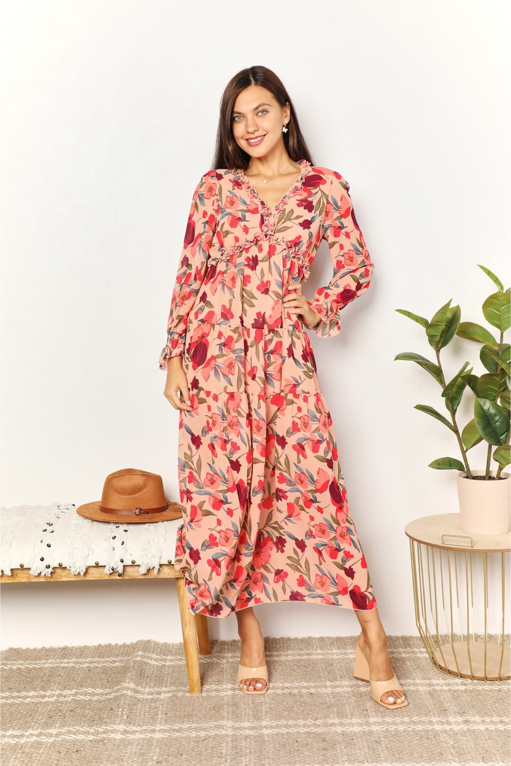 Floral Frill Trim Flounce Sleeve Maxi Dress