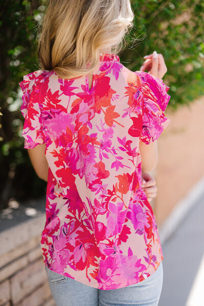 Preorder Frill Floral Mock Neck Cap Sleeve Blouse