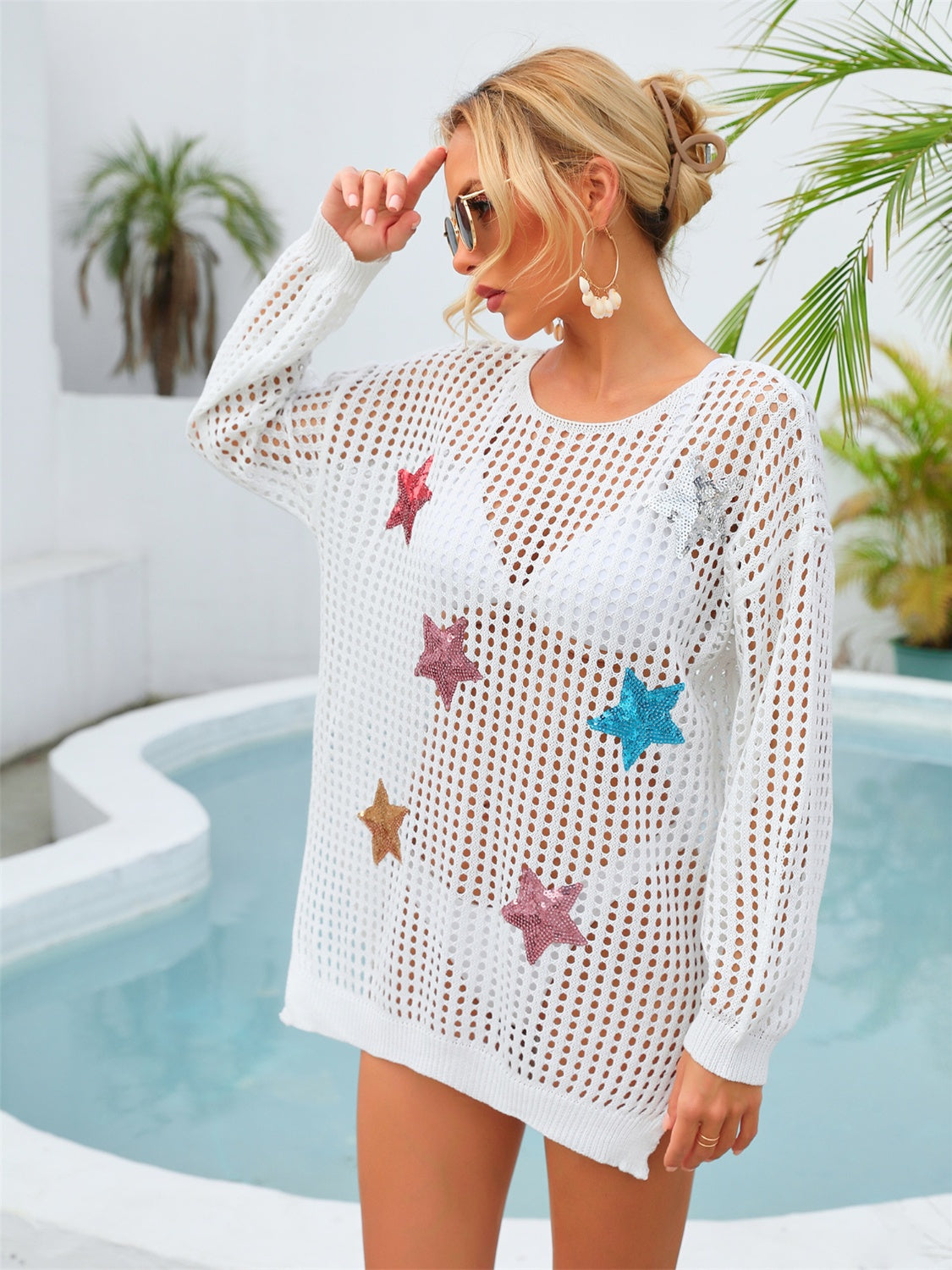 Preorder Sequin Star Round Neck Long Sleeve Cover Up