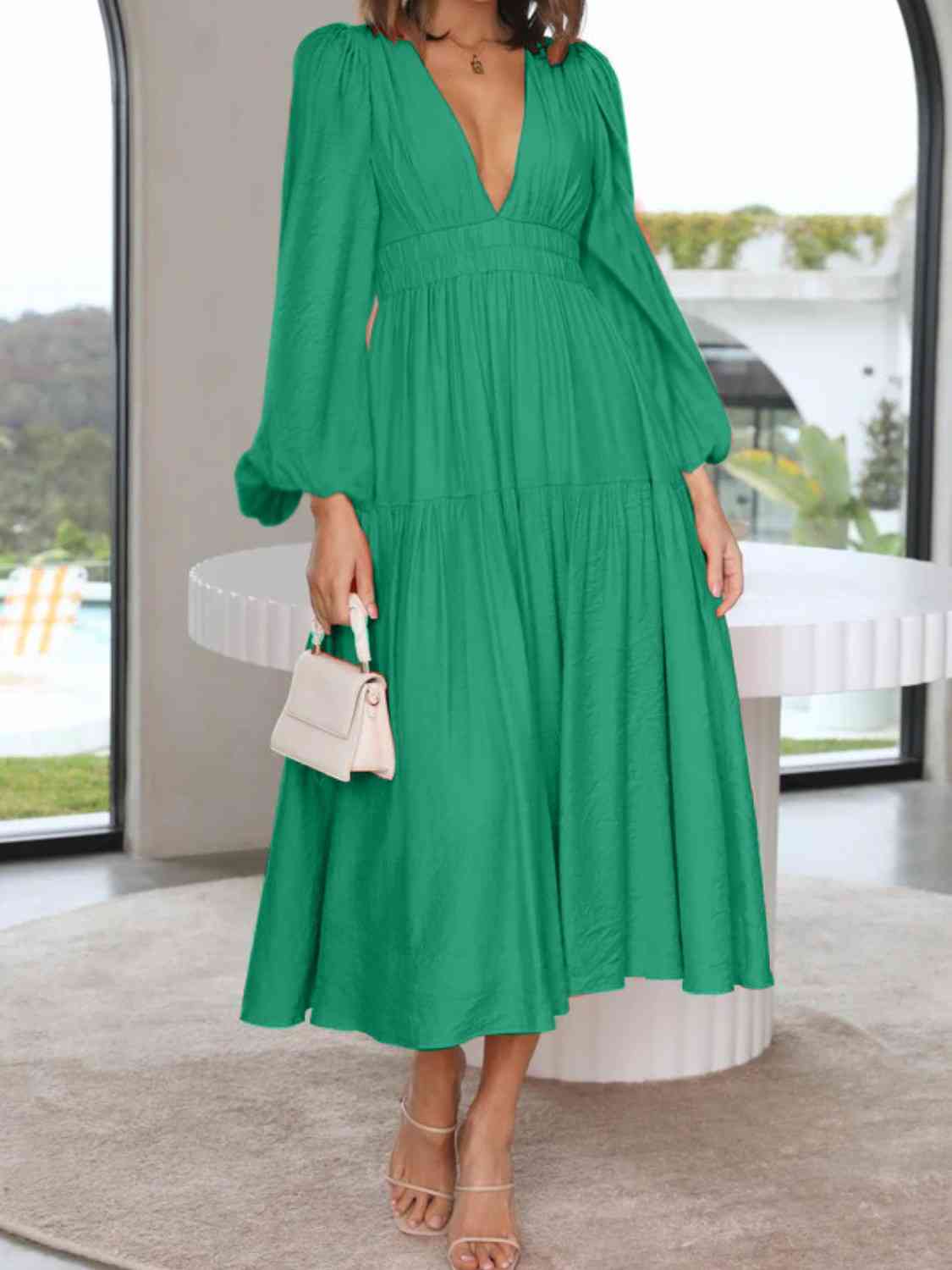 PREORDER Deep V-Neck Balloon Sleeve Plain Maxi Dress