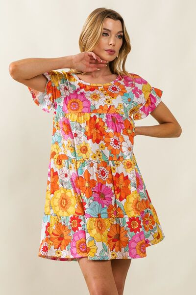 Floral Short Sleeve Tiered Dress